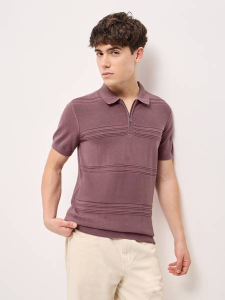 THE BEAR HOUSE Self Design Men Polo Neck Pink T-Shirt