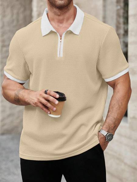 KAJARU Self Design Men Polo Neck Beige T-Shirt