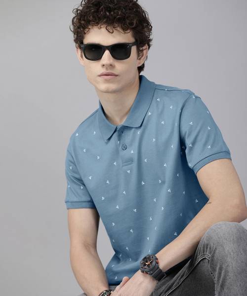 Roadster Printed Men Polo Neck Blue T-Shirt