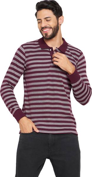 DUKE Striped Men Polo Neck Maroon T-Shirt