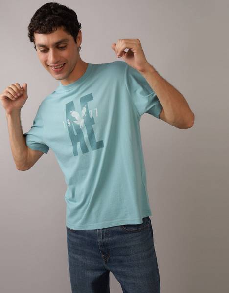 American Eagle Graphic Print Men Crew Neck Blue T-Shirt