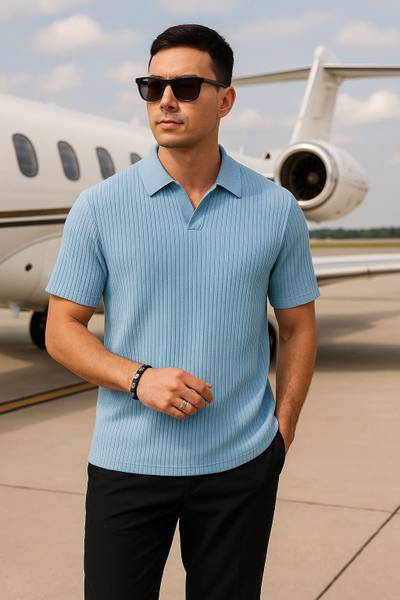IMSA MODA Self Design Men Polo Neck Light Blue T-Shirt