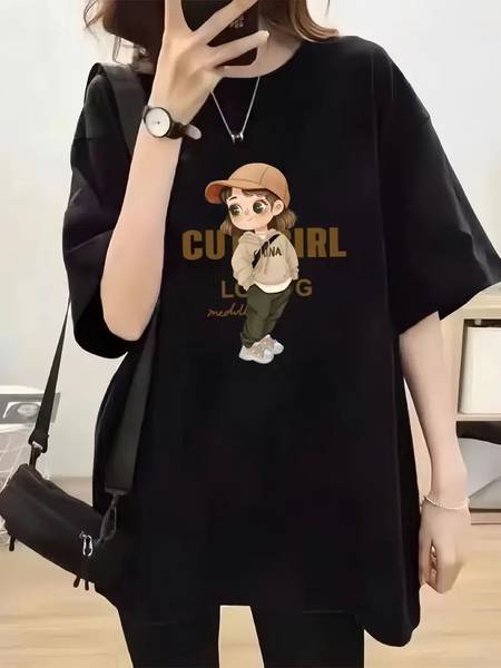 Calm Down Printed Women Round Neck Black T-Shirt