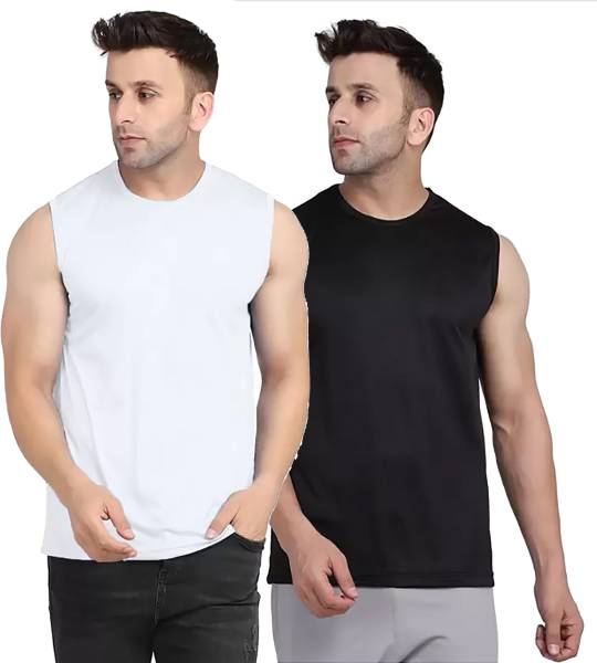 Renowned Solid Men Round Neck White, Black T-Shirt