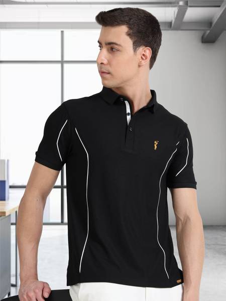 Stellers Solid Men Polo Neck Black T-Shirt