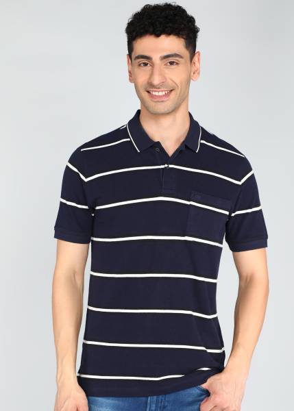 PETER ENGLAND Striped Men Polo Neck Blue T-Shirt