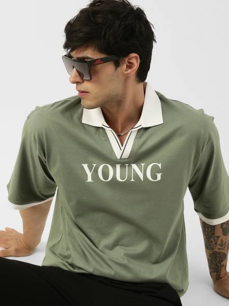 MANIAC Typography Men Polo Neck Green T-Shirt
