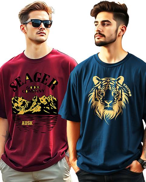 AUSK Printed Men Crew Neck Dark Blue, Maroon T-Shirt