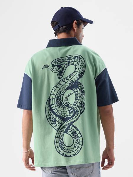 The Souled Store Printed Men Polo Neck Light Green T-Shirt