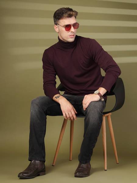 CHKOKKO Solid Men Turtle Neck Purple T-Shirt