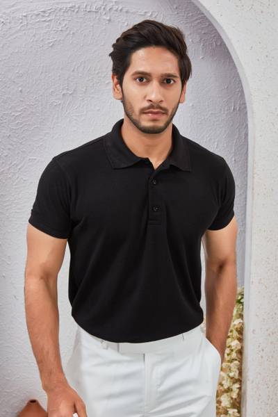 KRYVONN Solid Men Polo Neck Black T-Shirt