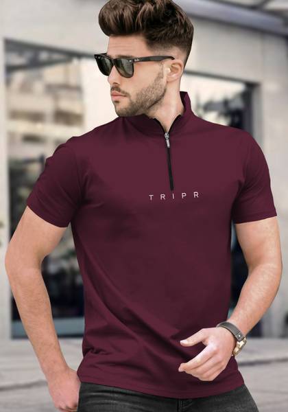 TRIPR Solid Men Mandarin Collar Maroon T-Shirt