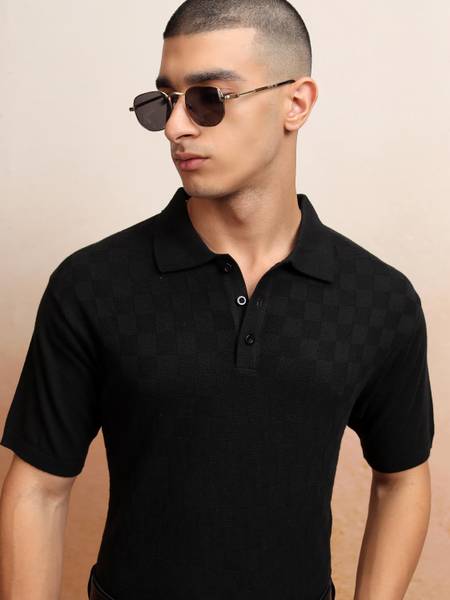 HIGHLANDER Self Design Men Polo Neck Black T-Shirt