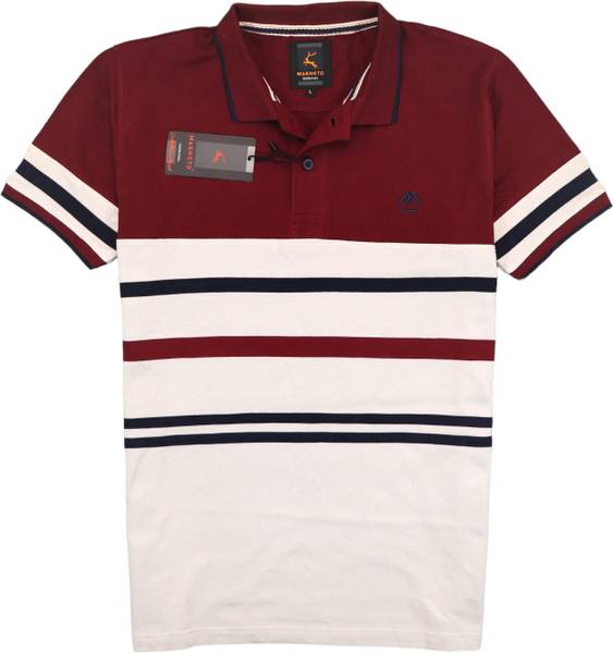 Magneto Striped Men Polo Neck Maroon T-Shirt