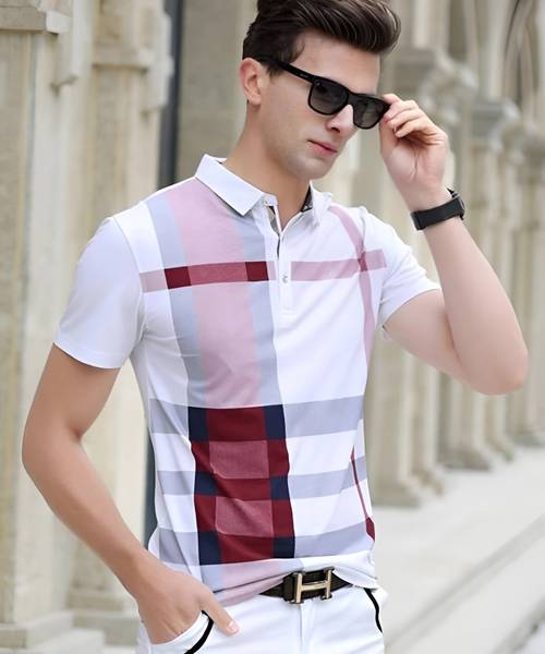 TAZO Checkered Men Polo Neck Maroon T-Shirt