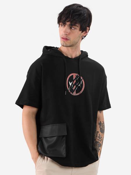 The Souled Store Graphic Print Men Hooded Neck Black T-Shirt
