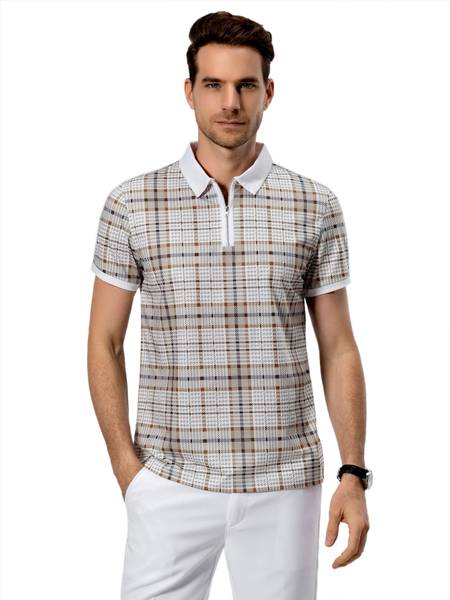 TAGDO Checkered Men Polo Neck White T-Shirt