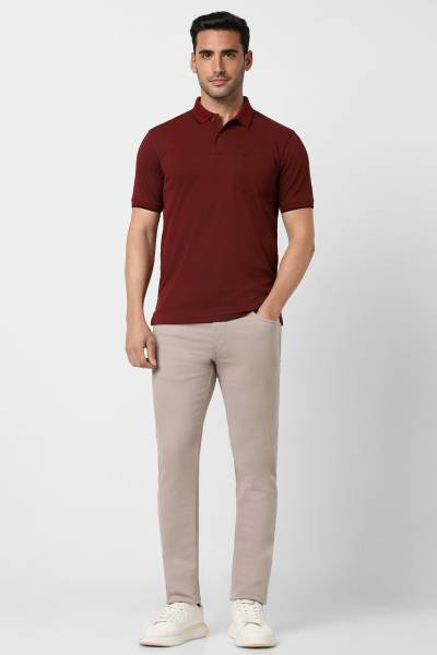 PETER ENGLAND Solid Men Polo Neck Maroon T-Shirt