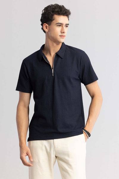 Snitch Solid Men Polo Neck Dark Blue T-Shirt
