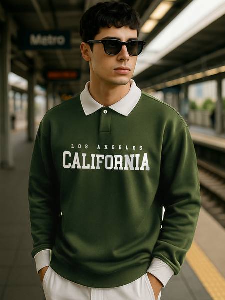 Jump Cuts Printed Men Polo Neck Green T-Shirt