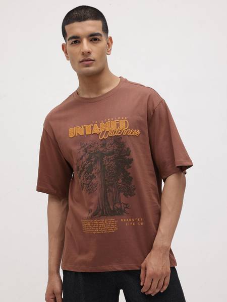 Roadster Printed Men Round Neck Brown T-Shirt