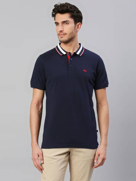 Dennis Lingo Solid Men Polo Neck Navy Blue T-Shirt