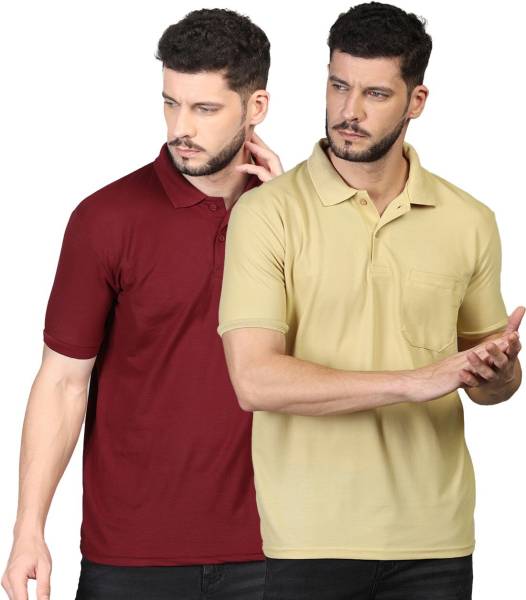 INKKR Solid Men Polo Neck Maroon, Beige T-Shirt