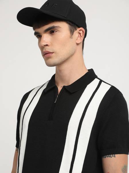 THE BEAR HOUSE Striped Men Polo Neck Black T-Shirt