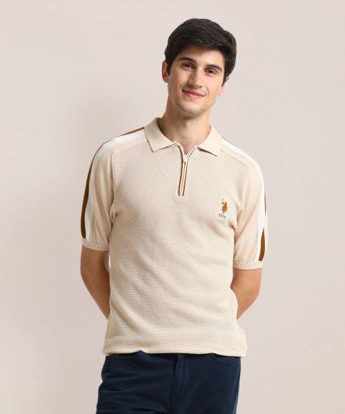 U.S. POLO ASSN. Printed Men Polo Neck Beige T-Shirt