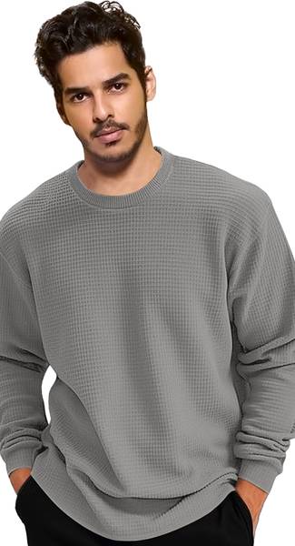 NOOK Self Design Men Round Neck Grey T-Shirt