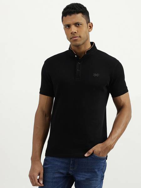 United Colors of Benetton Solid Men Mandarin Collar Black T-Shirt