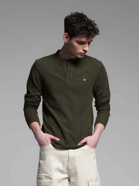 JACK & JONES Solid Men Henley Neck Green T-Shirt