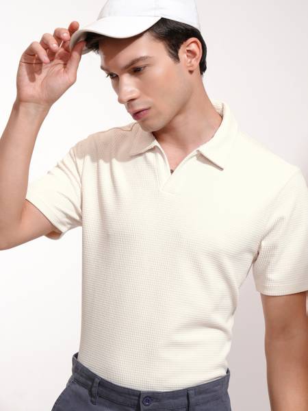 HIGHLANDER Self Design Men Polo Neck White T-Shirt