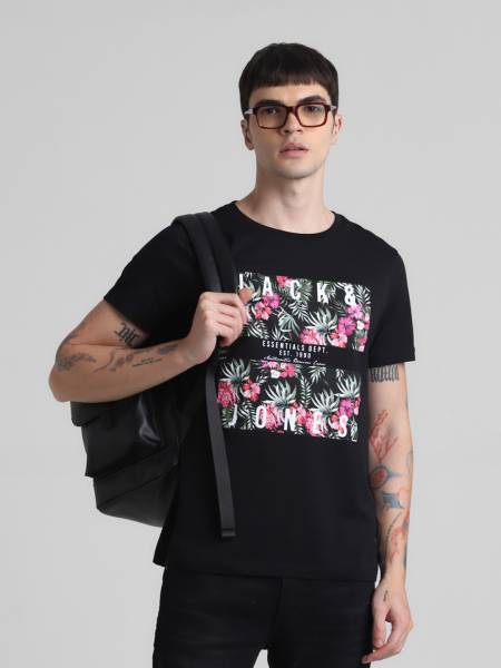 JACK & JONES Typography Men Round Neck Black T-Shirt