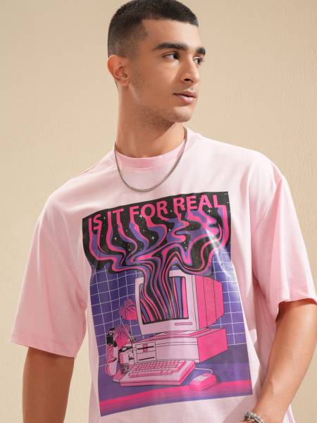 HIGHLANDER Printed Men Round Neck Pink T-Shirt