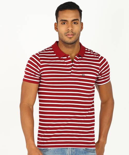 Fort Collins Striped Men Polo Neck Maroon T-Shirt