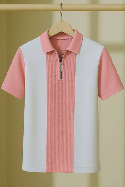 Try This Colorblock Men Polo Neck White, Pink T-Shirt