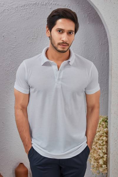 KRYVONN Solid Men Polo Neck White T-Shirt
