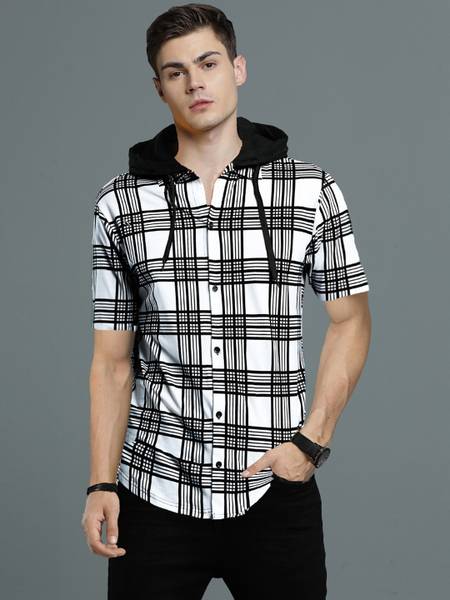 LEWEL Men Checkered Casual White, Black Shirt