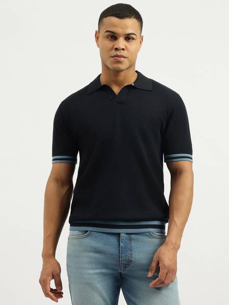 United Colors of Benetton Self Design Men Polo Neck Black T-Shirt