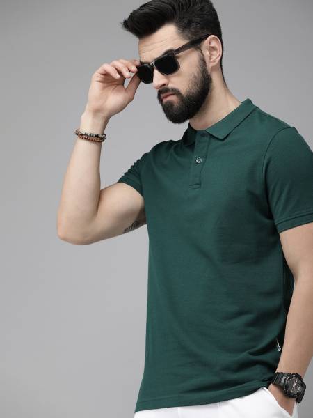 Roadster Solid Men Polo Neck Green T-Shirt