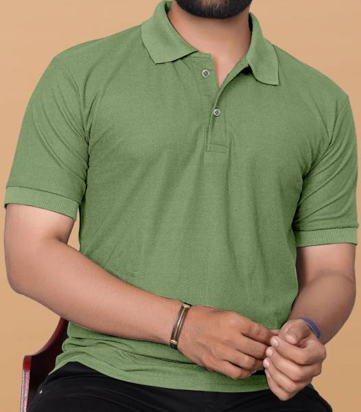 KAJARU Solid Men Polo Neck Light Green T-Shirt