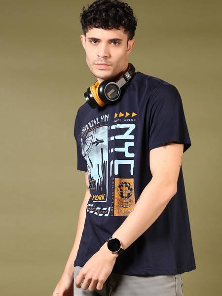 V-MART Printed Men Round Neck Blue T-Shirt