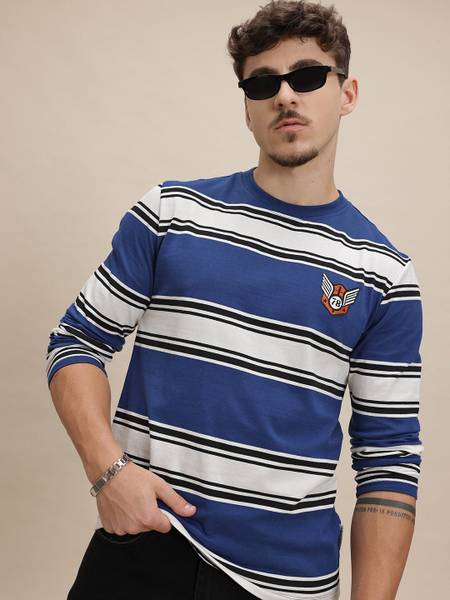 Roadster Striped Men Round Neck Blue T-Shirt