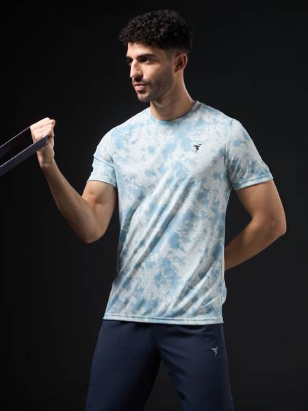 TECHNOSPORT Printed Men Crew Neck Light Blue, White T-Shirt
