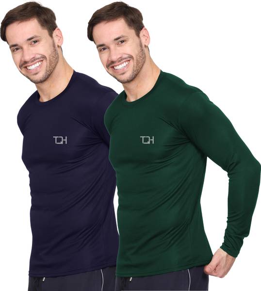 TQH Solid Men Round Neck Navy Blue, Dark Green T-Shirt