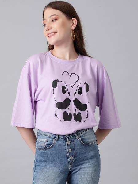 KOTTY Printed, Typography Women Round Neck Purple T-Shirt
