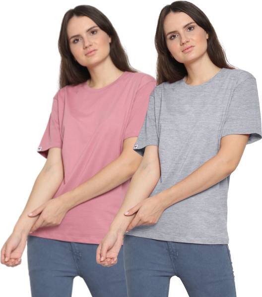 YouthPoi Solid Women Round Neck Grey, Pink T-Shirt