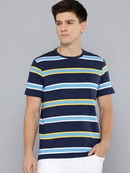 INDIAN TERRAIN Striped Men Crew Neck Blue T-Shirt