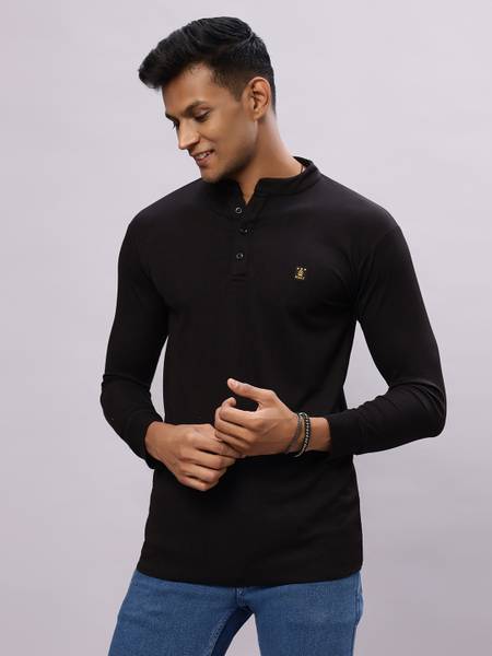 N AND J Solid Men Mandarin Collar Black T-Shirt